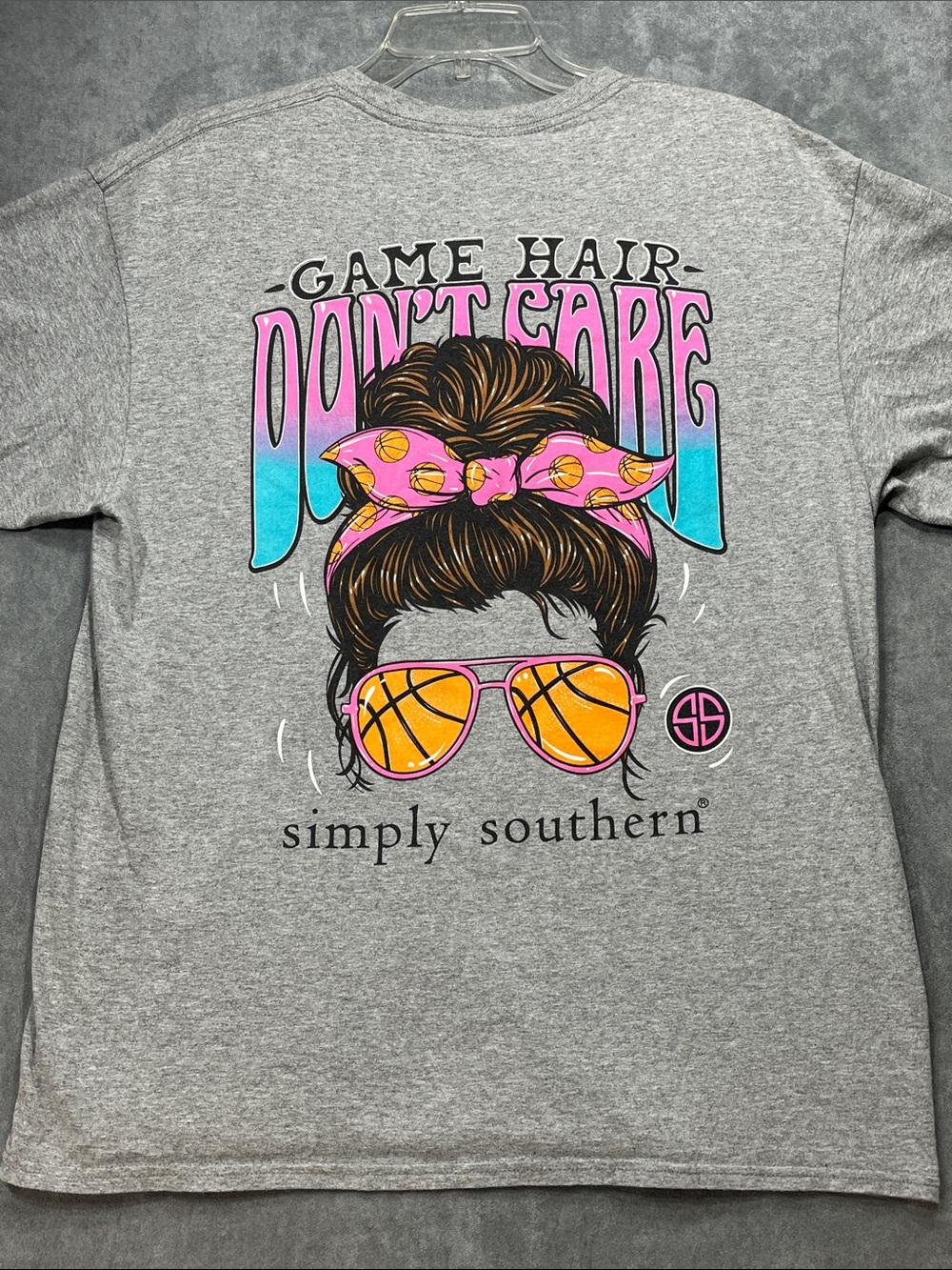 Simply Southern Large Basketball Game Hair Don’t Care Graphic Tee Gray